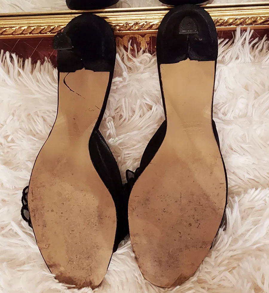 *  VINTAGE DANIEL GREEN BLACK ORGANZA FLOWERS HIGH HEEL BEDROOM SLIPPERS MADE IN THE USA