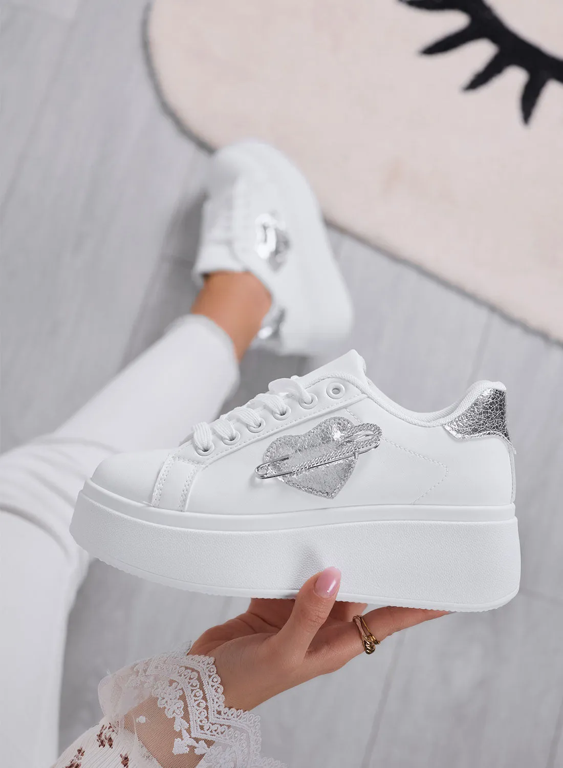 AURELIA - White Platform Sneakers with Silver Jewel Pin Application