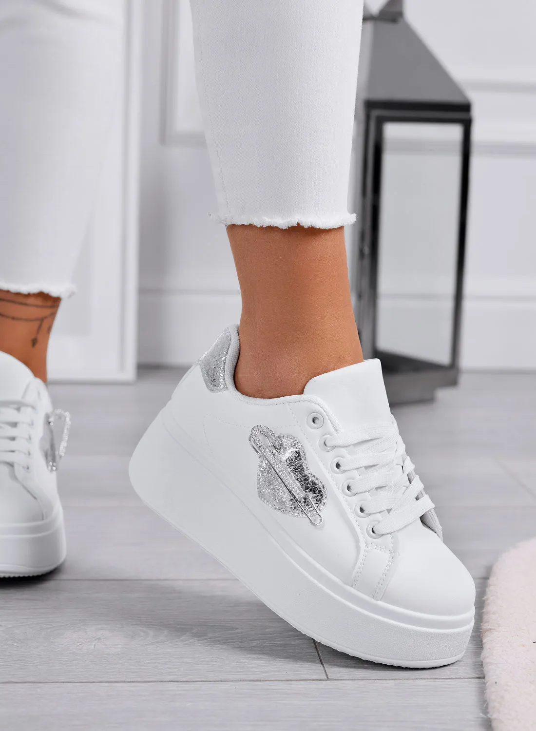 AURELIA - White Platform Sneakers with Silver Jewel Pin Application