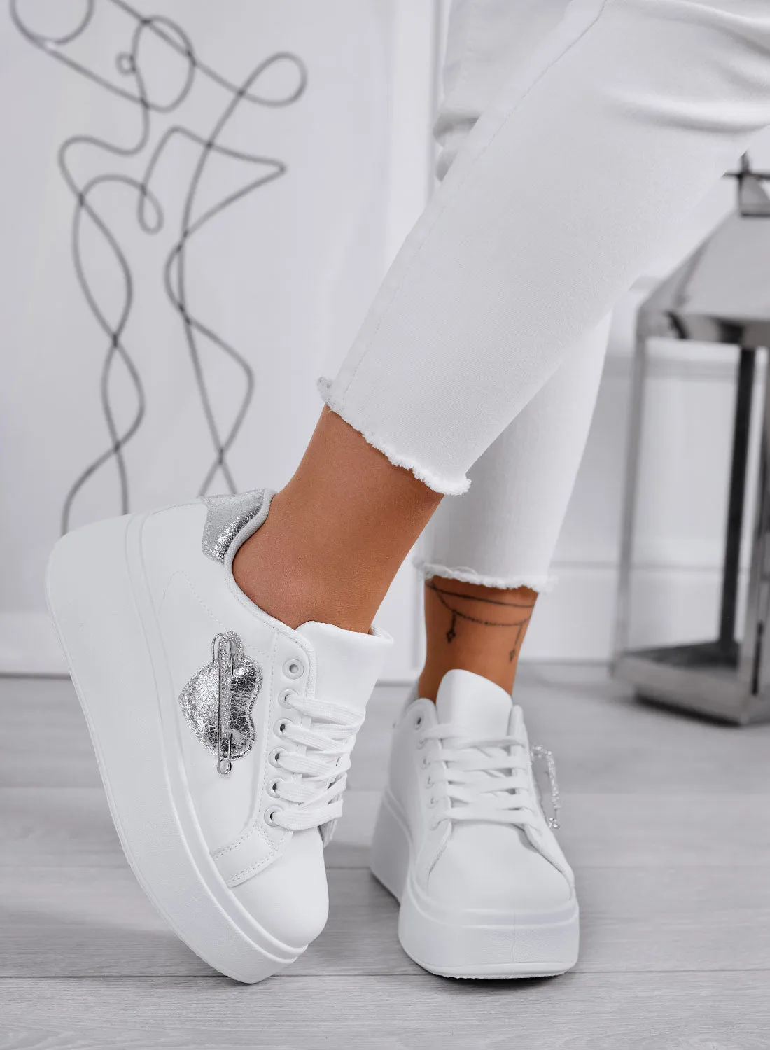 AURELIA - White Platform Sneakers with Silver Jewel Pin Application
