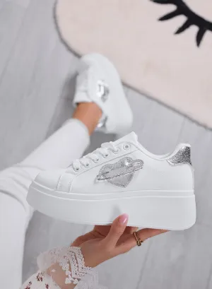 AURELIA - White Platform Sneakers with Silver Jewel Pin Application