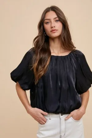 Black Metallic Organza Bubble Hem Blouse
