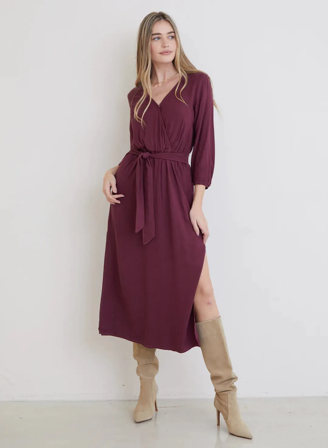 Cross Front Belted Maxi Dress - Wildberry