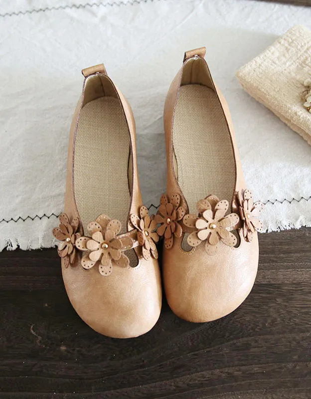Flower Soft Leather Retro Flat Shoes for Women