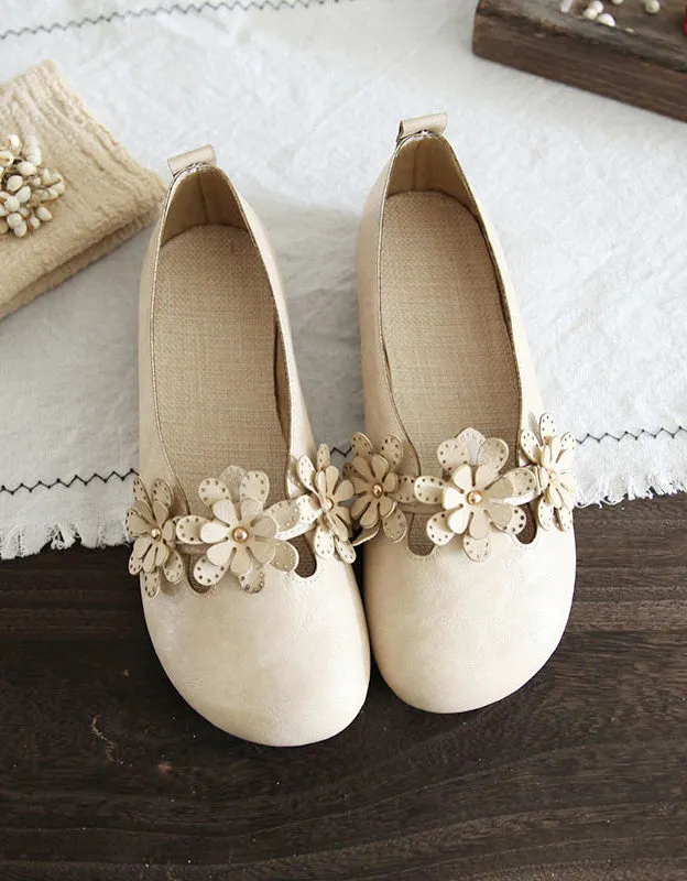 Flower Soft Leather Retro Flat Shoes for Women
