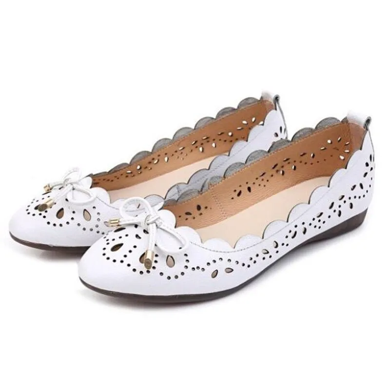 GKTINOO Breathable Genuine Leather Summer Shoes Woman 2021 Flat Low Heel Bowknot Hollow Out Leather Slip On Shoes For Women Soft