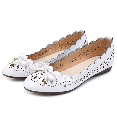 GKTINOO Breathable Genuine Leather Summer Shoes Woman 2021 Flat Low Heel Bowknot Hollow Out Leather Slip On Shoes For Women Soft