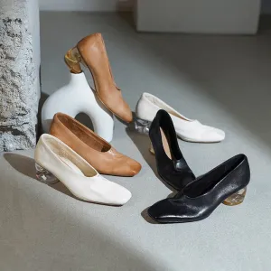 Horse Leather Low Heel Pumps For Women Leather Sole in Apricot/White/Black