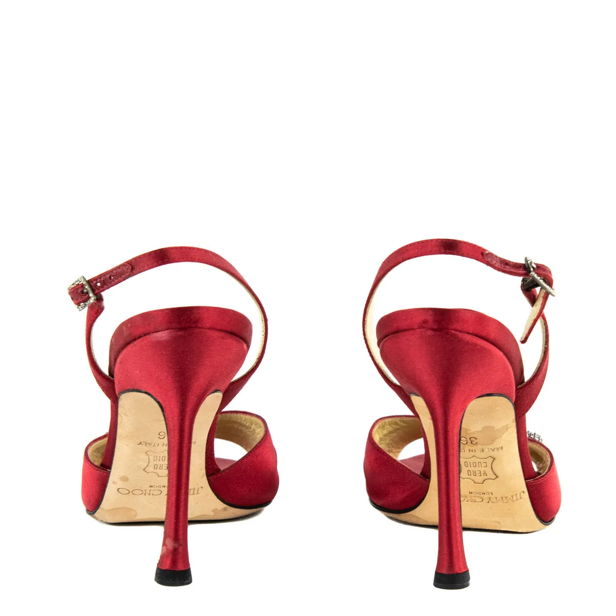 Jimmy Choo Red Satin Crystal Embellished Peep-Toe Pumps Size US 6 | EU 36