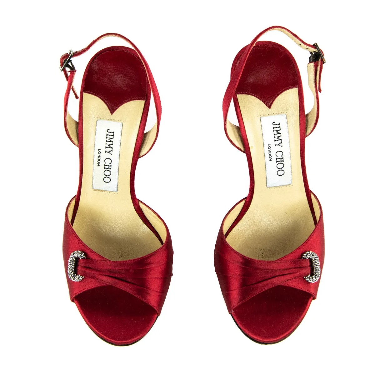 Jimmy Choo Red Satin Crystal Embellished Peep-Toe Pumps Size US 6 | EU 36
