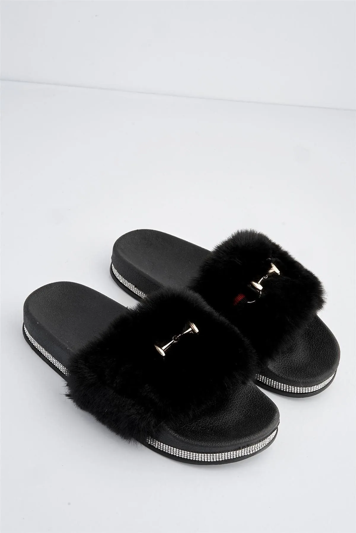 Mabel Furry Slider With Buckle in Black