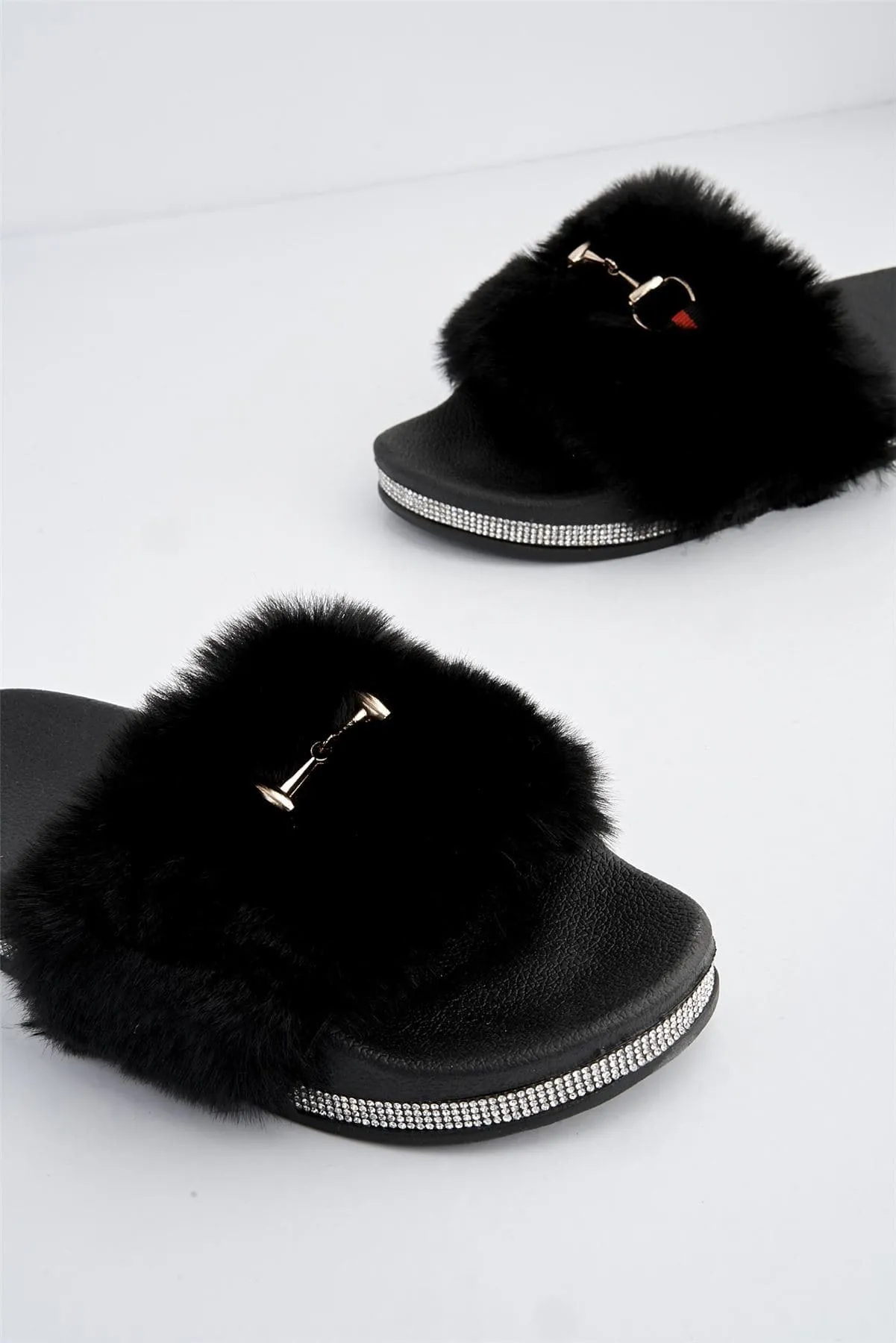 Mabel Furry Slider With Buckle in Black