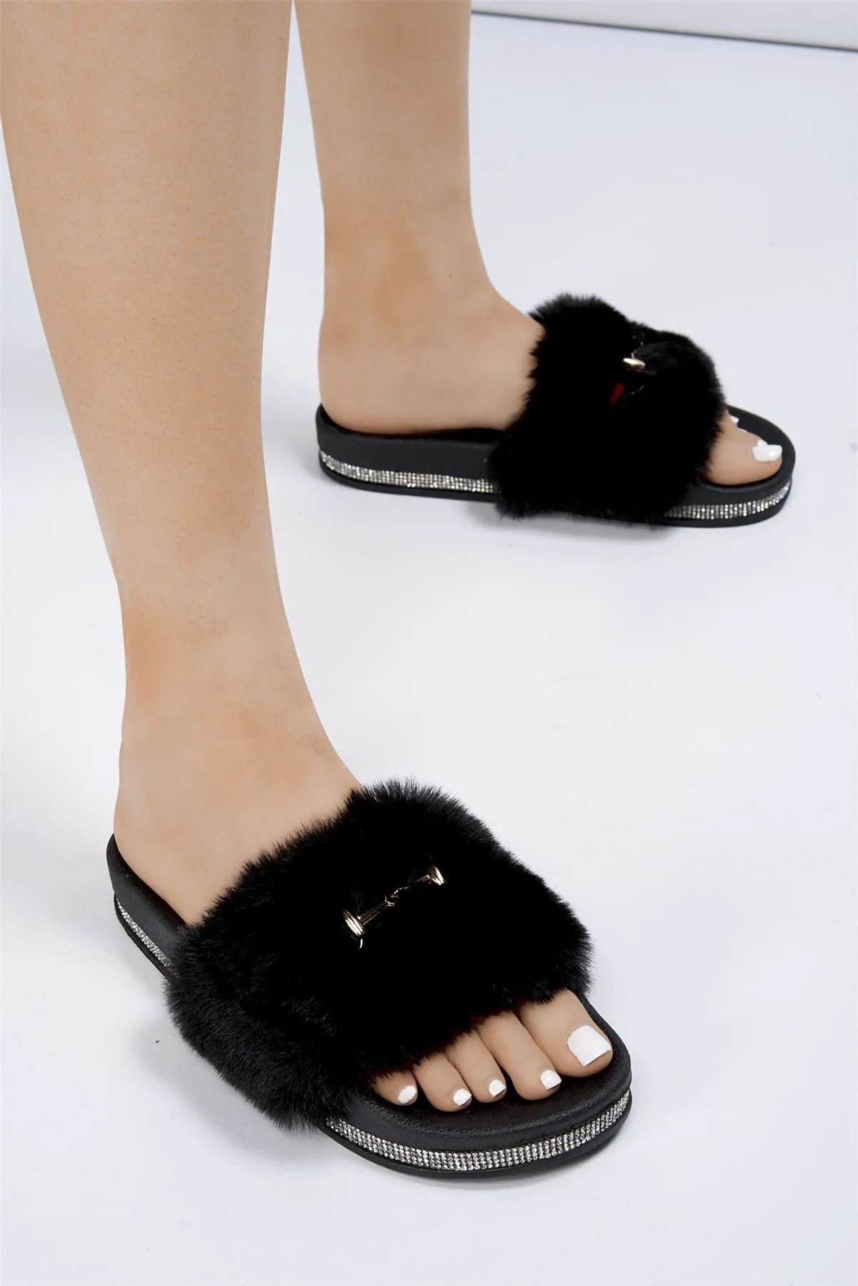 Mabel Furry Slider With Buckle in Black