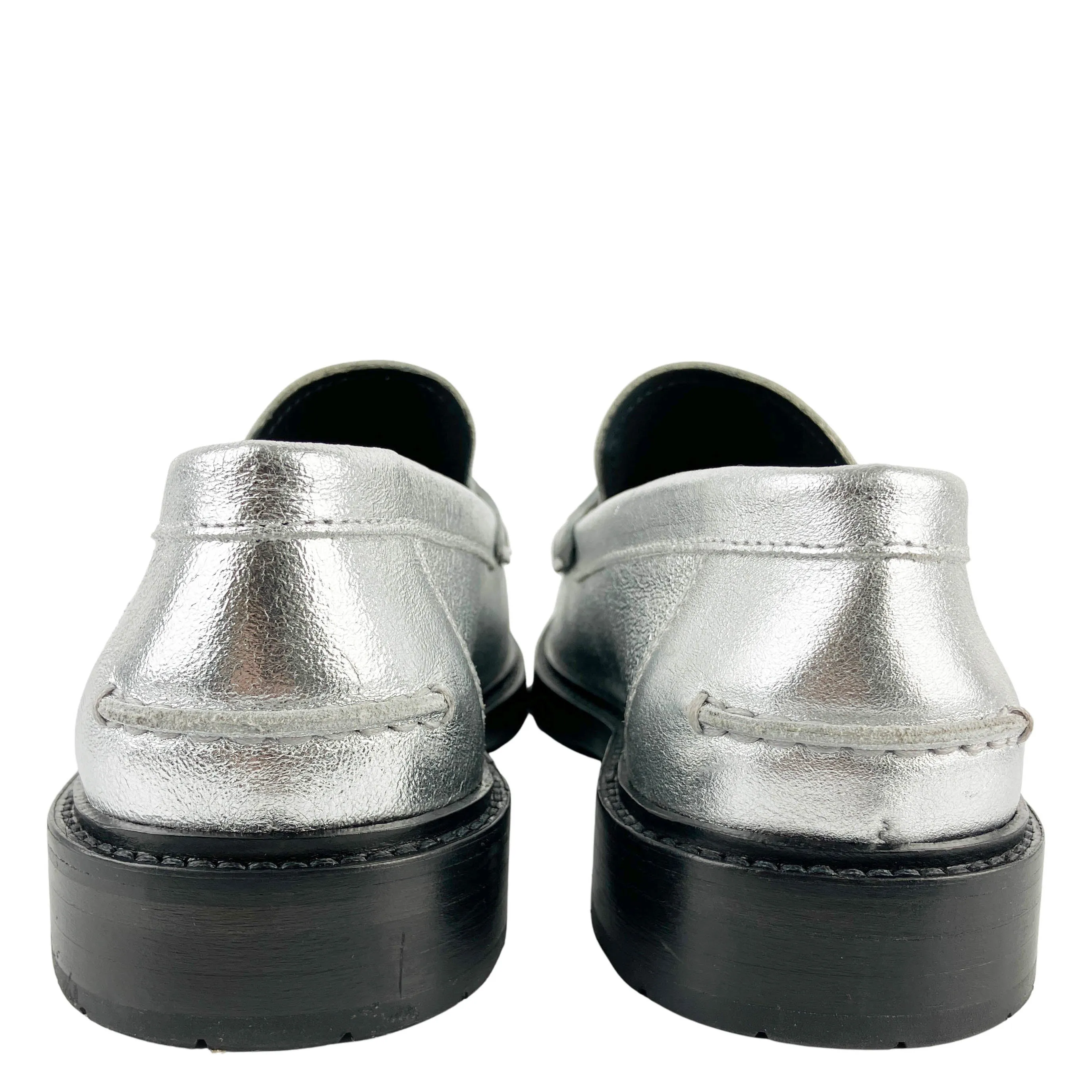 Moschino Logo Metallic Leather Loafers in Silver