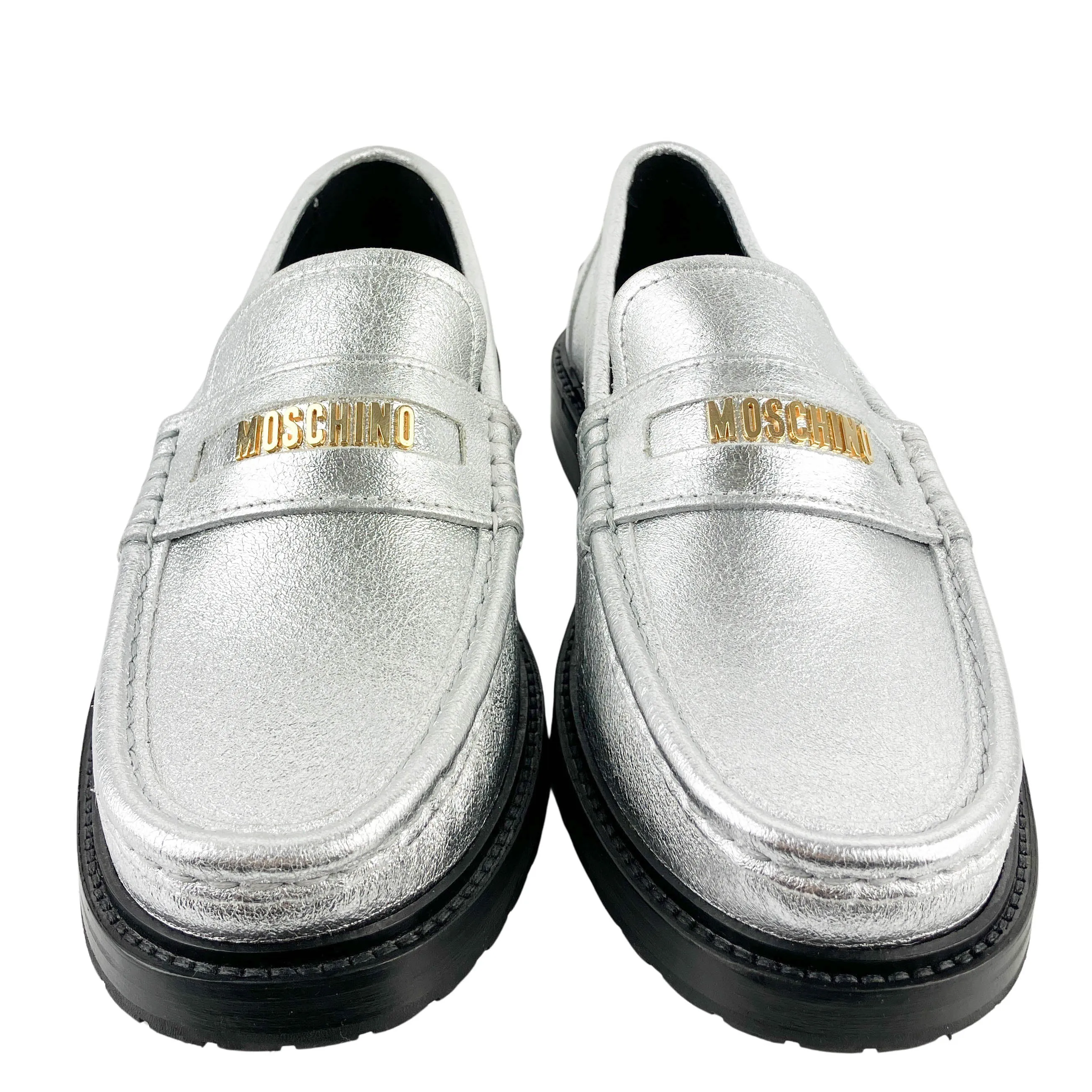 Moschino Logo Metallic Leather Loafers in Silver