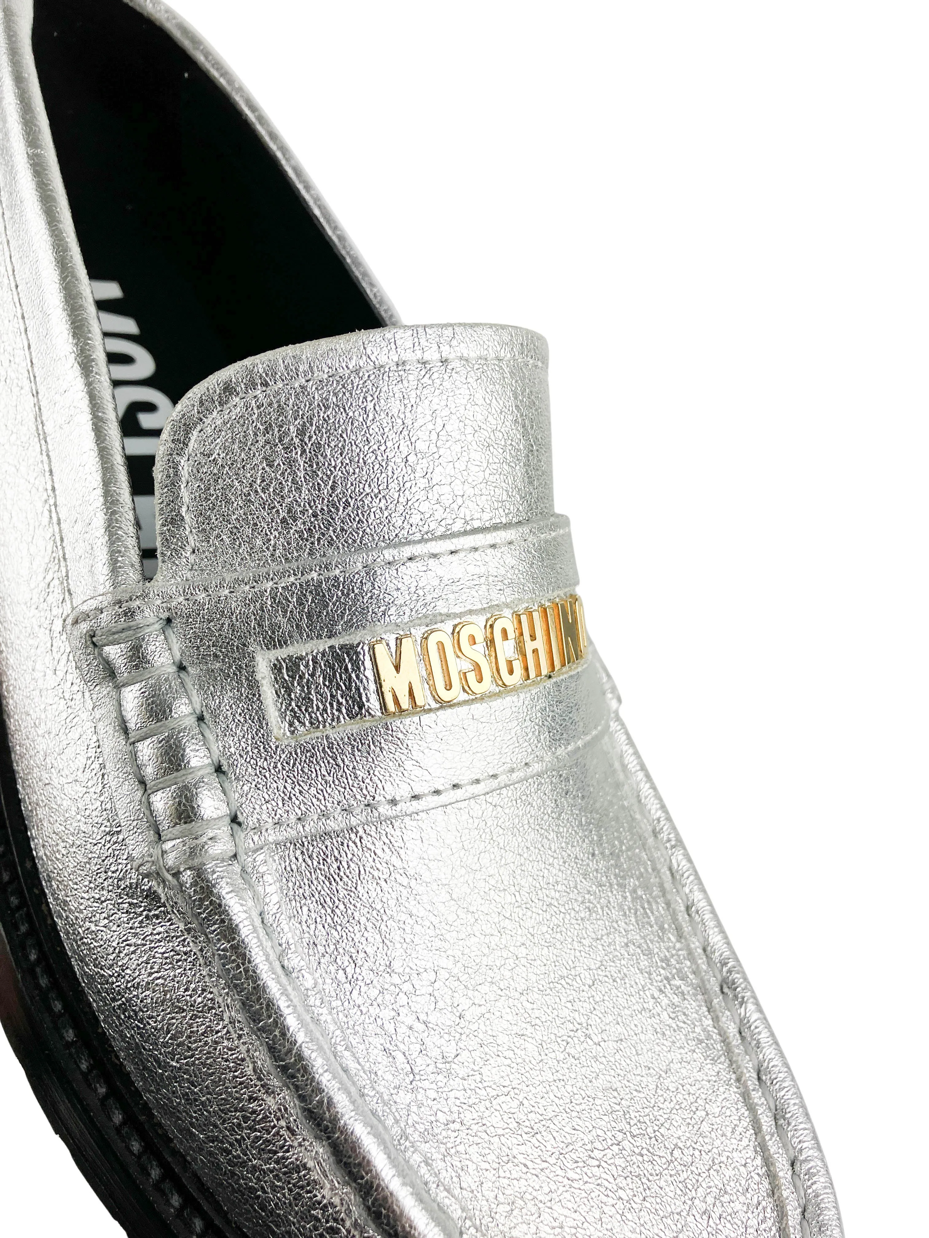 Moschino Logo Metallic Leather Loafers in Silver