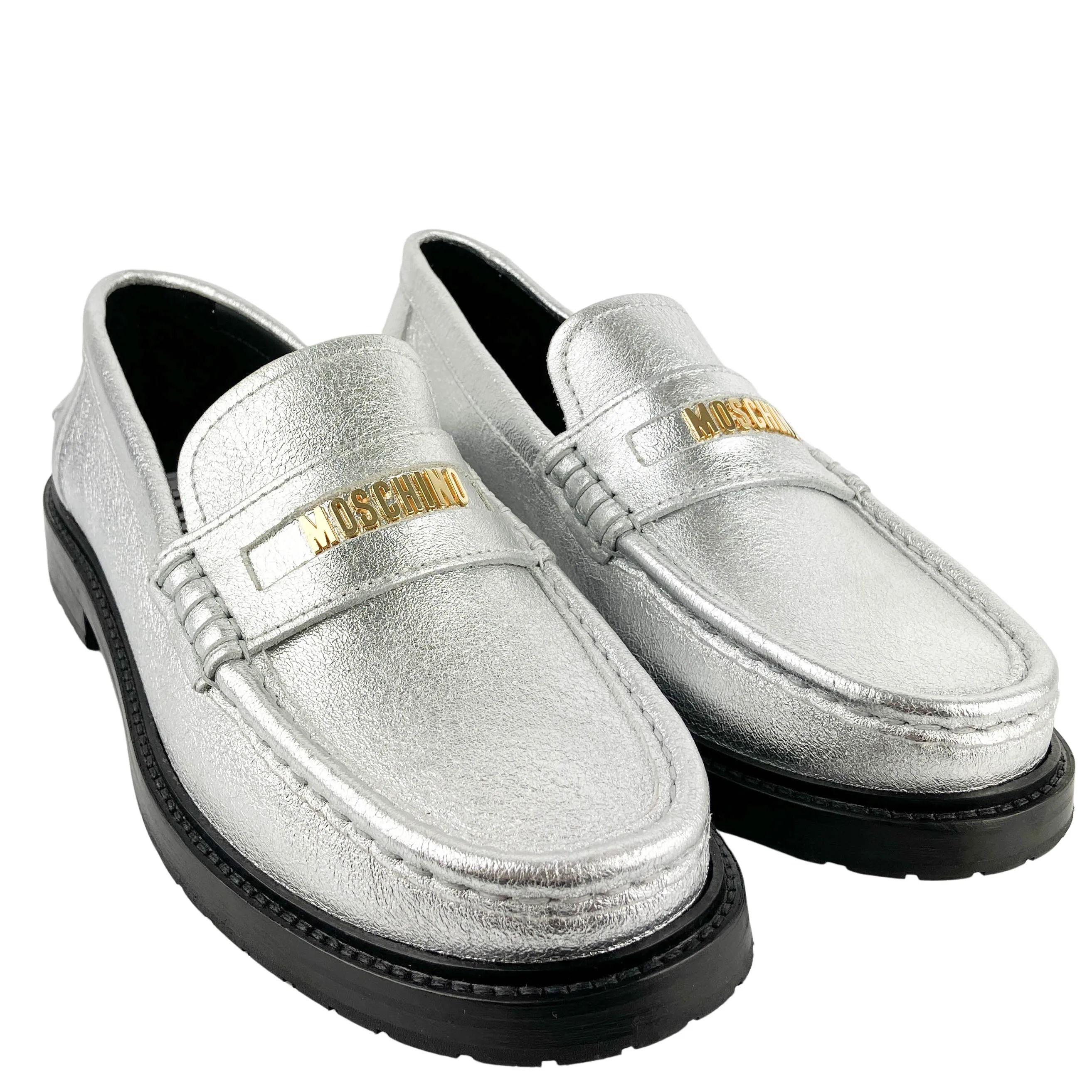 Moschino Logo Metallic Leather Loafers in Silver