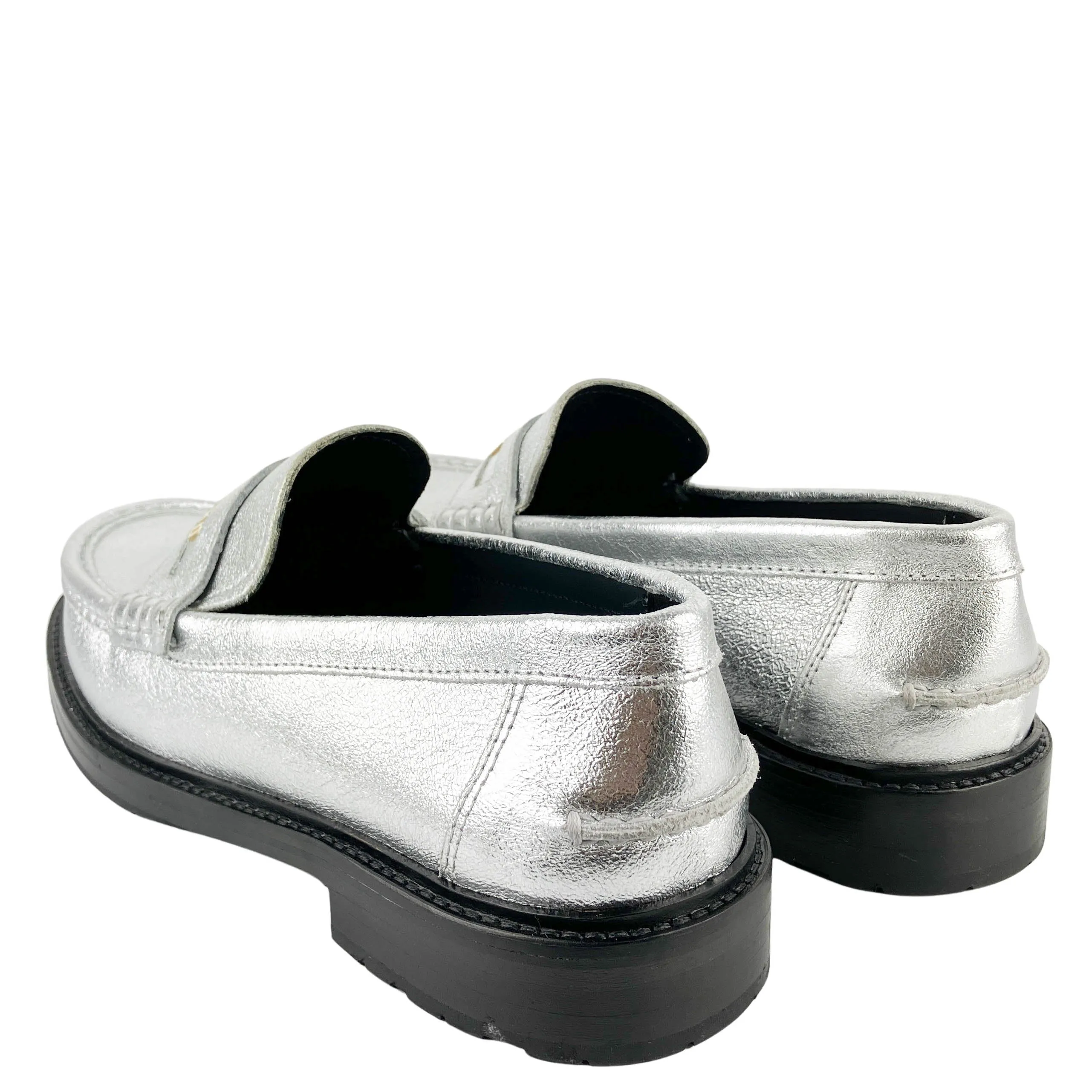 Moschino Logo Metallic Leather Loafers in Silver