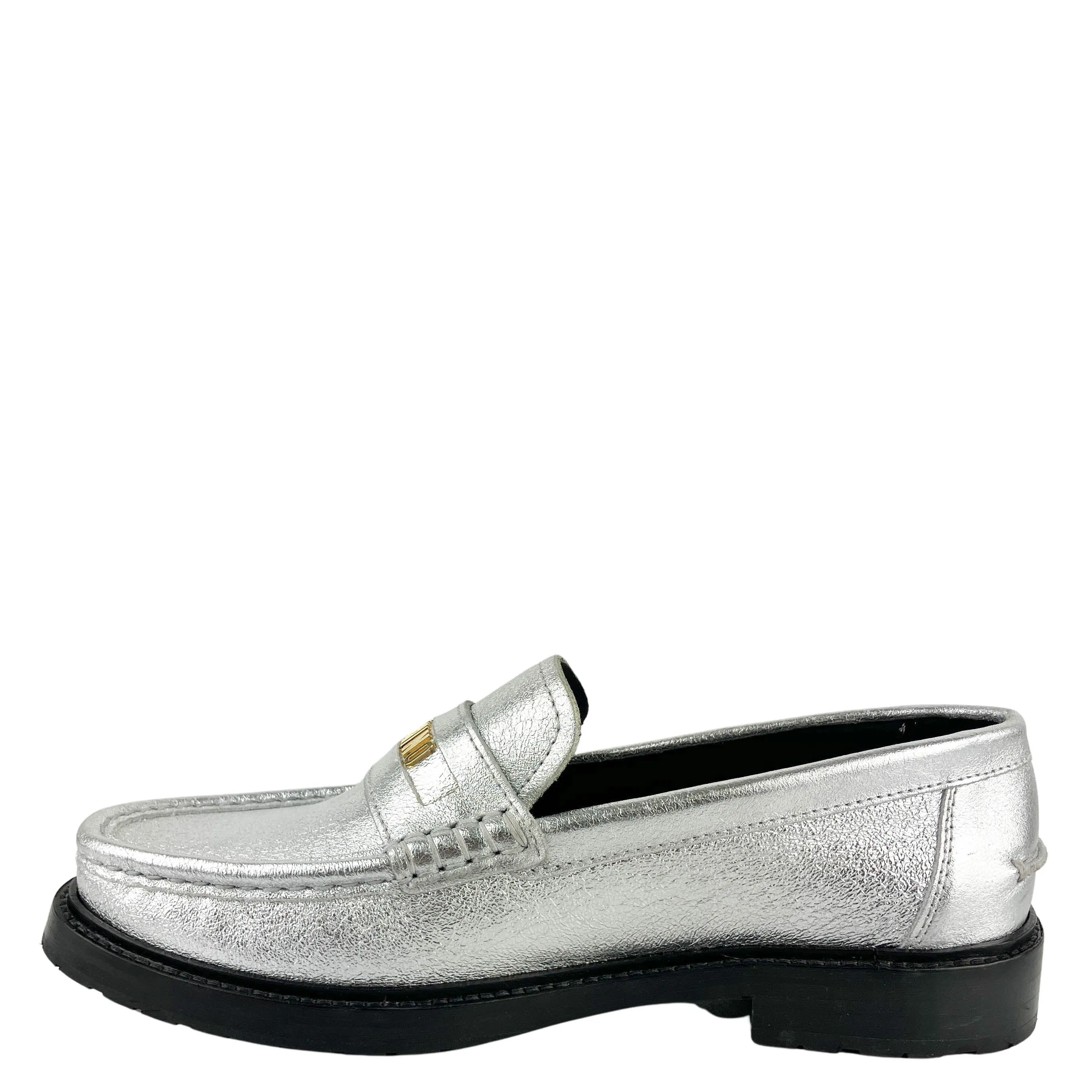 Moschino Logo Metallic Leather Loafers in Silver