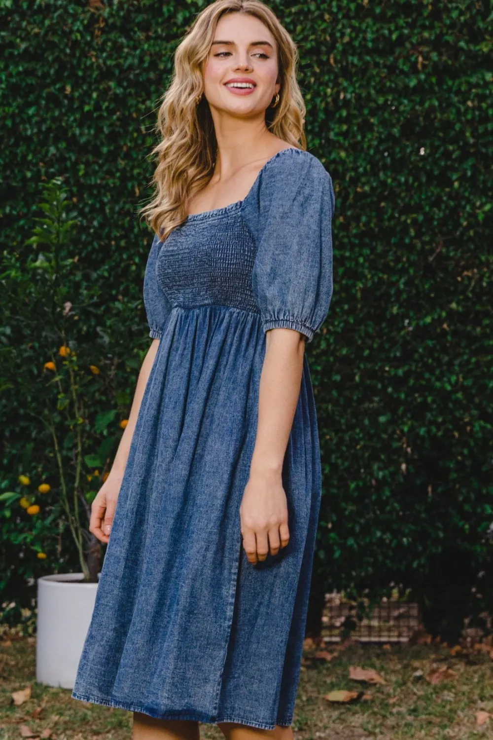 ODDI Washed Smocked Puffy Sleeve Dress
