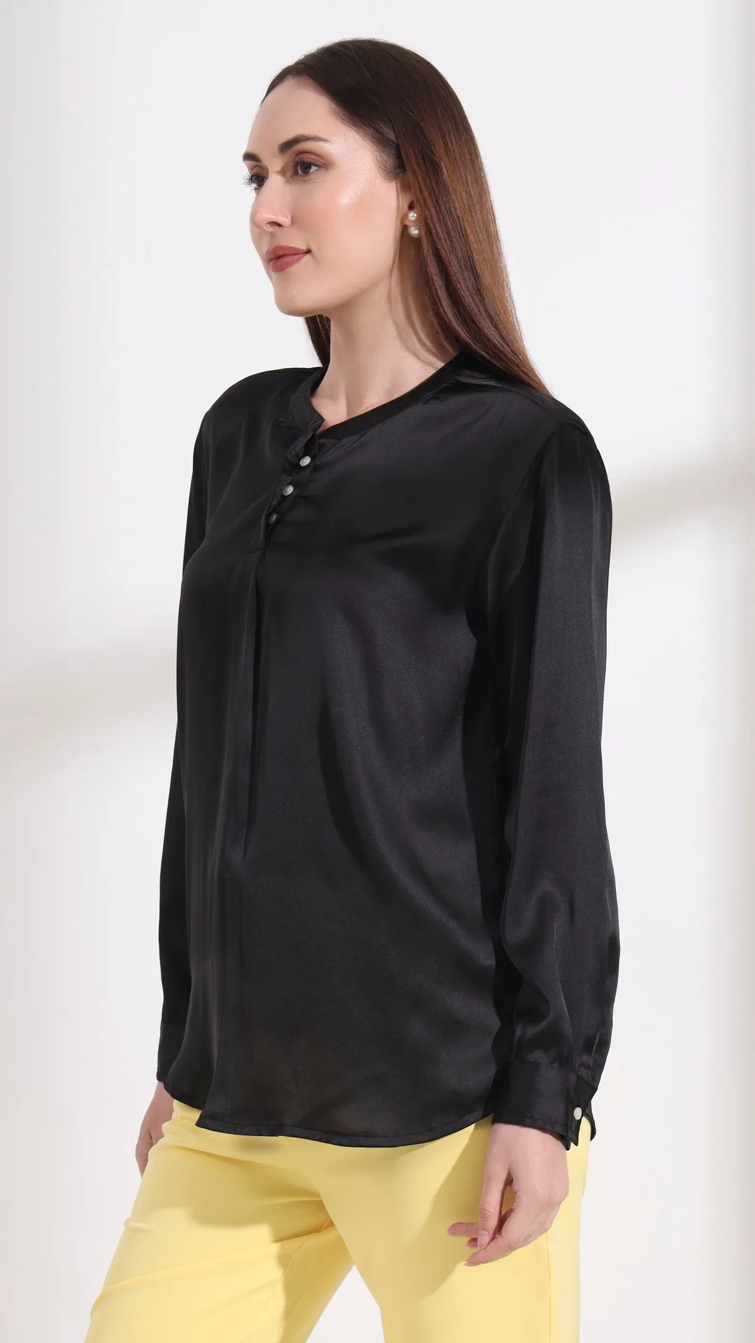 Summer Satin Black Front Pleated Tunic