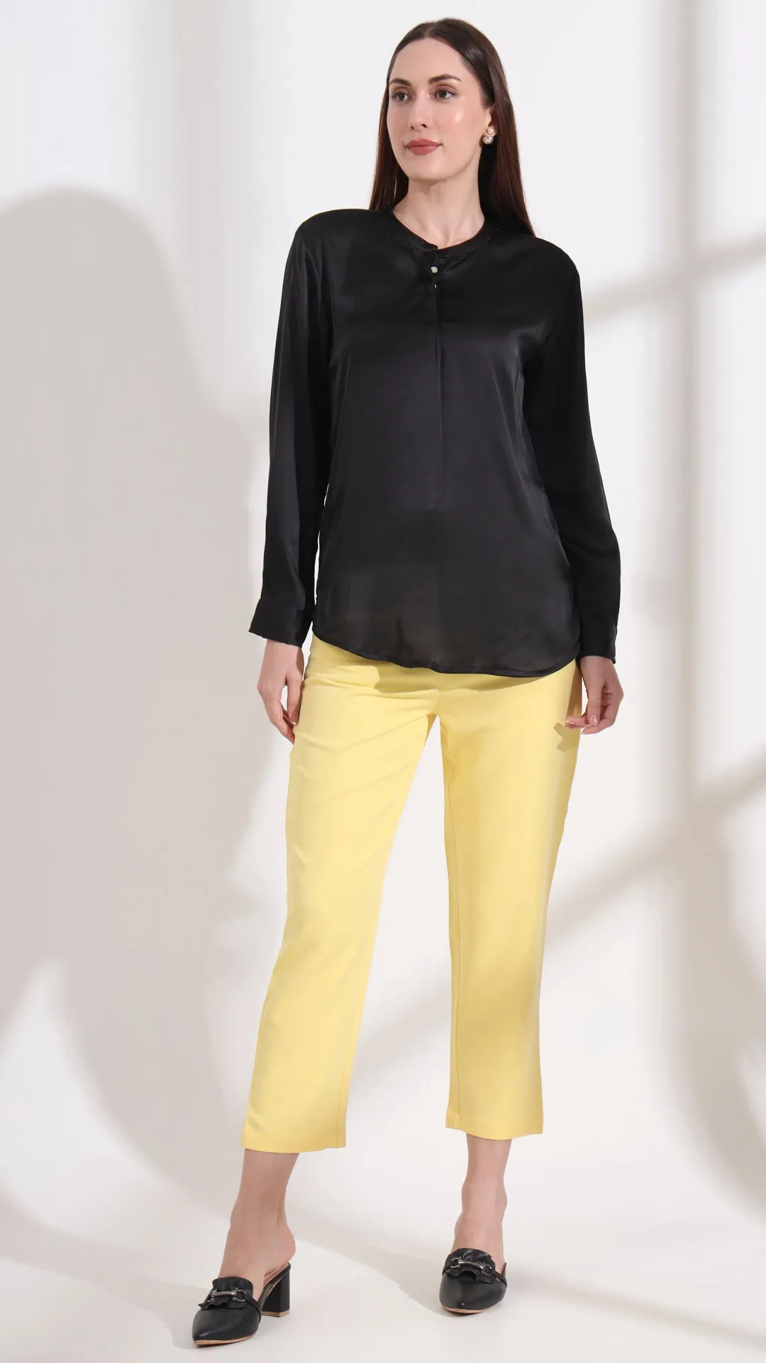 Summer Satin Black Front Pleated Tunic