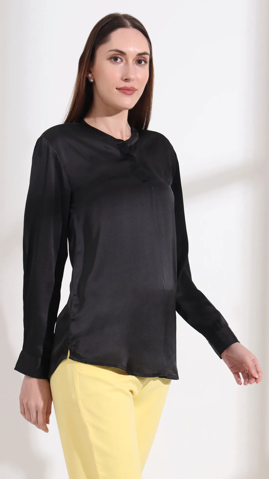 Summer Satin Black Front Pleated Tunic