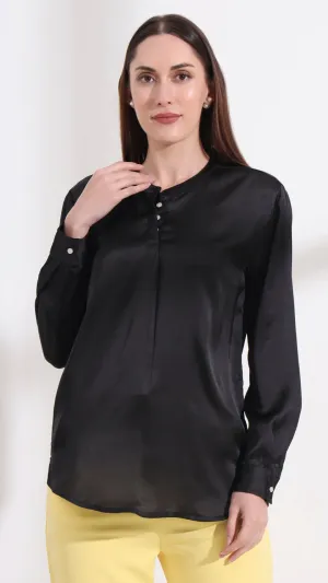 Summer Satin Black Front Pleated Tunic