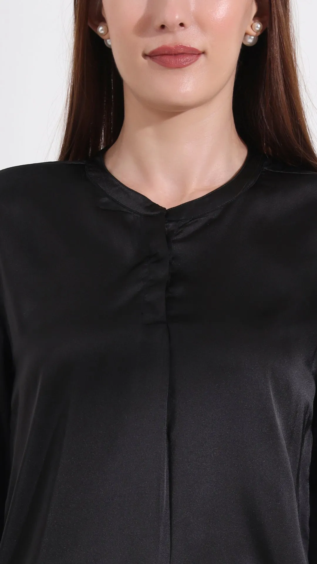 Summer Satin Black Front Pleated Tunic