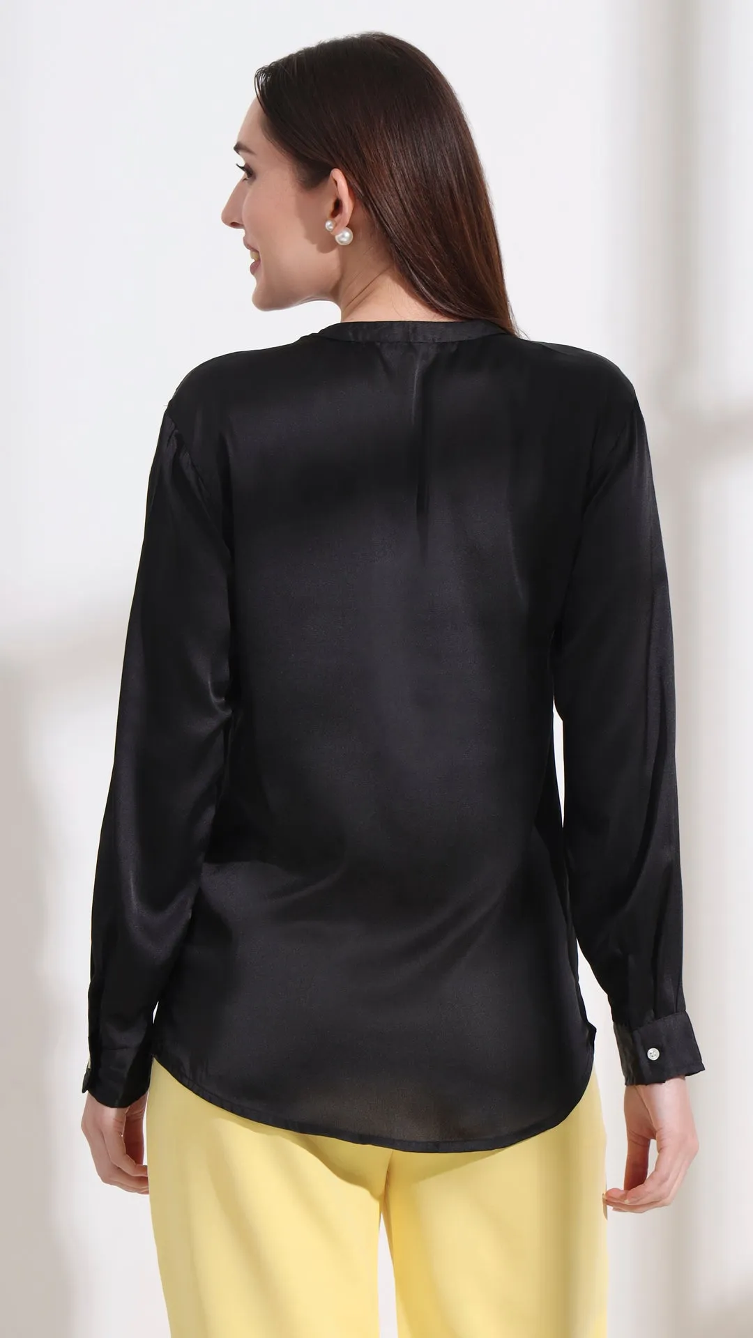 Summer Satin Black Front Pleated Tunic