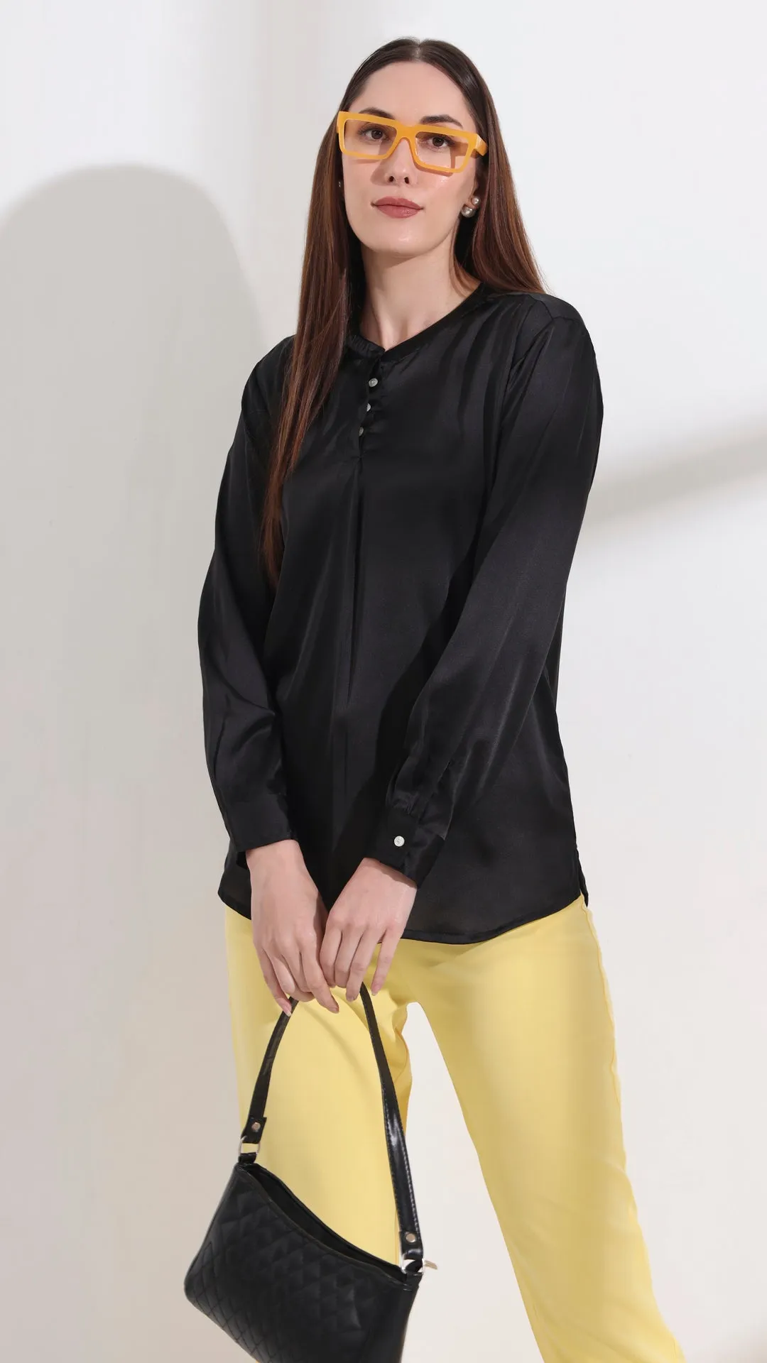 Summer Satin Black Front Pleated Tunic