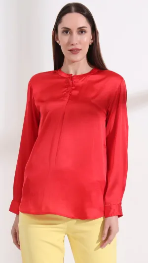 Summer Satin Red Front Pleated Tunic