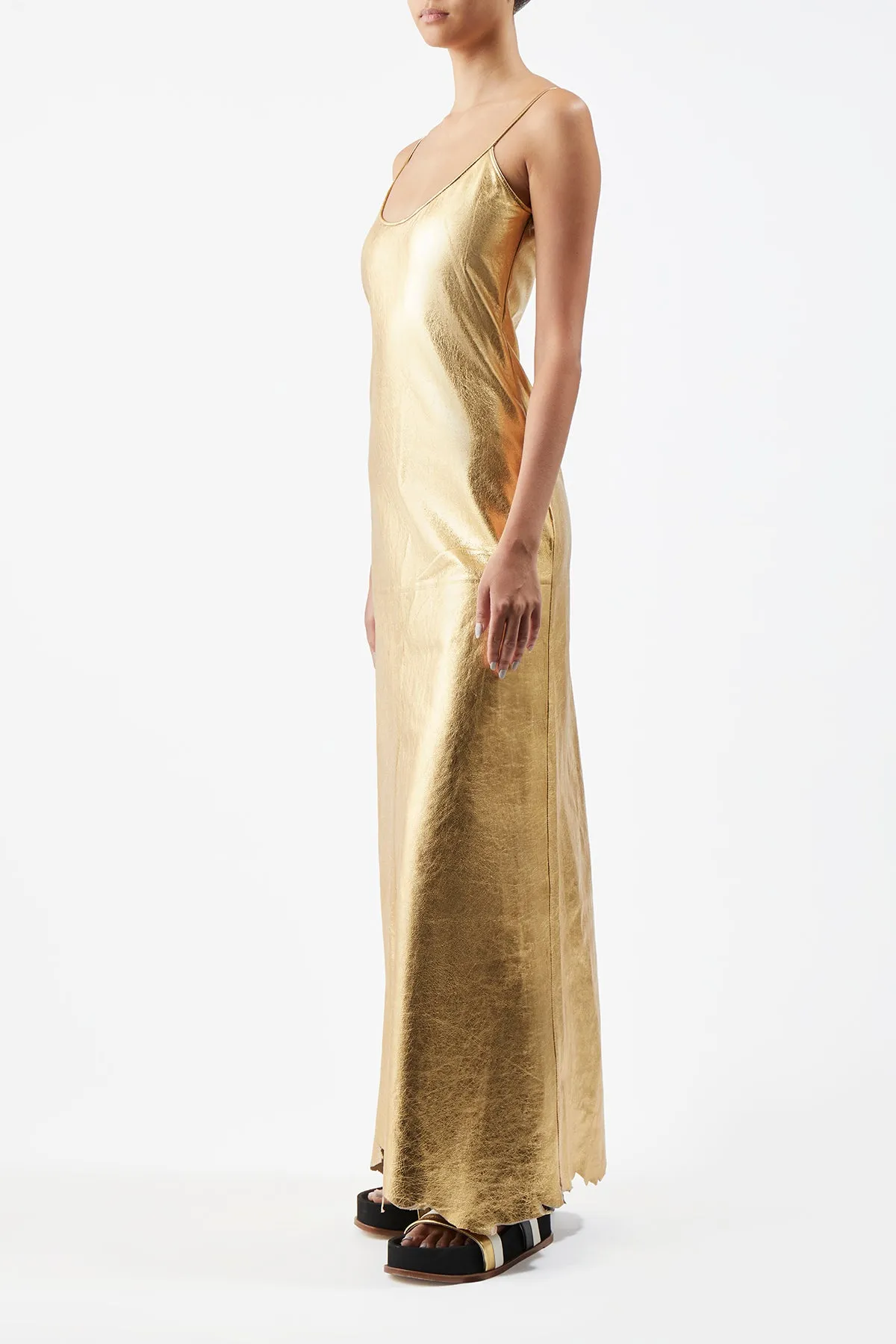 Teles Slip Dress in Gold Metallic Nappa Leather