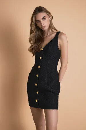 V Neck Tweed Mini Dress with Gold Buttons