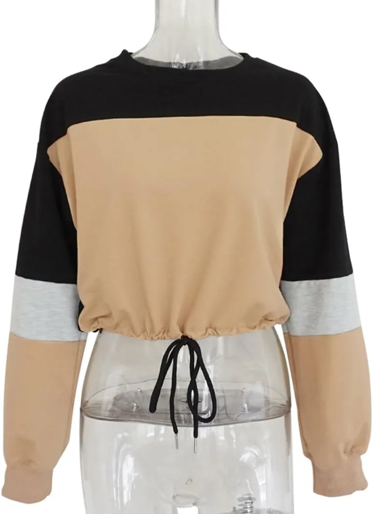 WEEPINLEE Women's Casual Long Sleeve Round Neck 3 Color Stitching Hem Lace Up Crop Sweatshirts