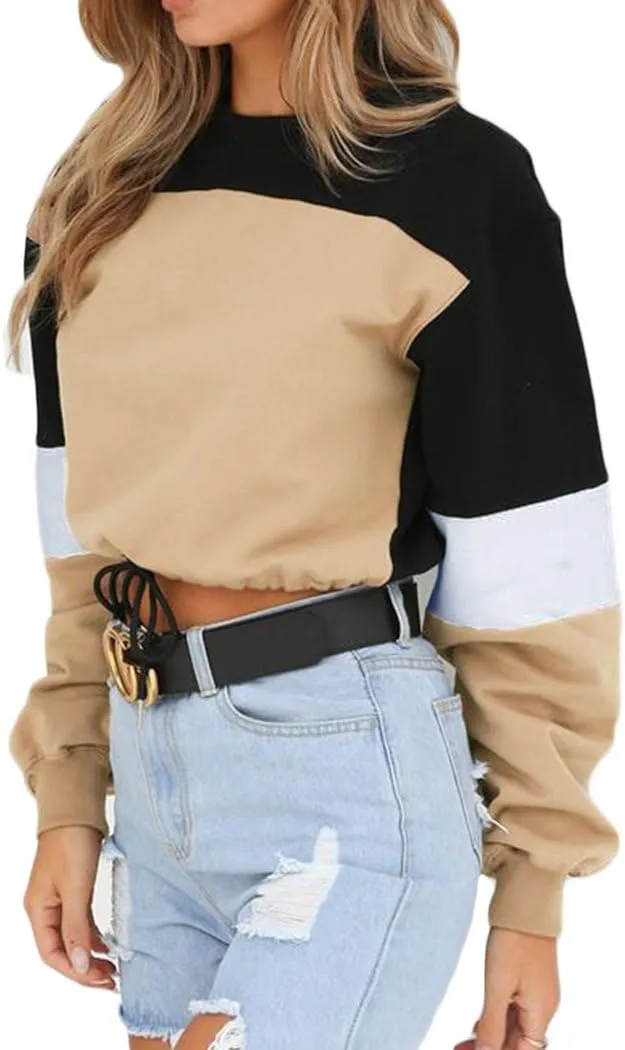 WEEPINLEE Women's Casual Long Sleeve Round Neck 3 Color Stitching Hem Lace Up Crop Sweatshirts