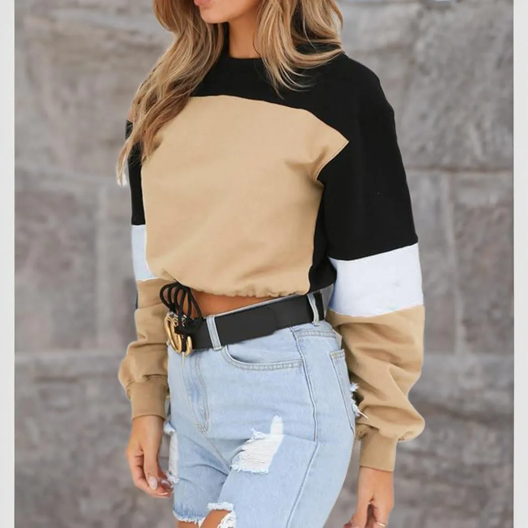 WEEPINLEE Women's Casual Long Sleeve Round Neck 3 Color Stitching Hem Lace Up Crop Sweatshirts