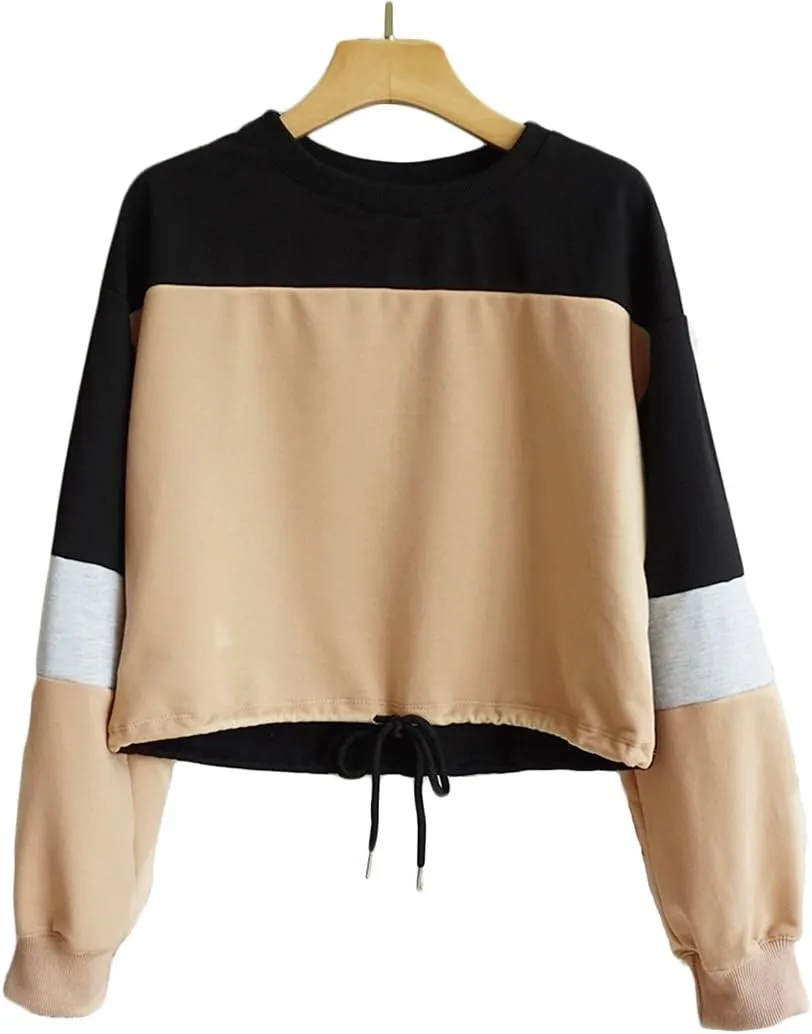 WEEPINLEE Women's Casual Long Sleeve Round Neck 3 Color Stitching Hem Lace Up Crop Sweatshirts