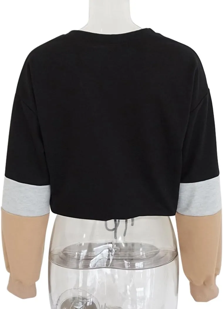 WEEPINLEE Women's Casual Long Sleeve Round Neck 3 Color Stitching Hem Lace Up Crop Sweatshirts