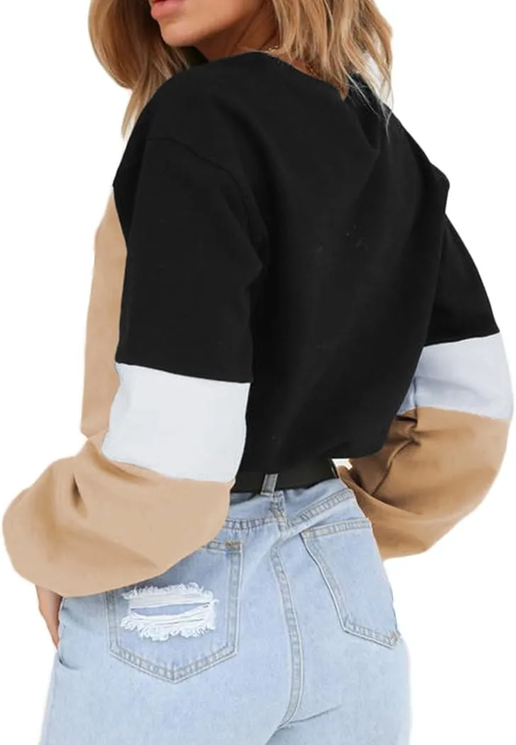 WEEPINLEE Women's Casual Long Sleeve Round Neck 3 Color Stitching Hem Lace Up Crop Sweatshirts