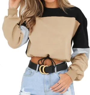 WEEPINLEE Women's Casual Long Sleeve Round Neck 3 Color Stitching Hem Lace Up Crop Sweatshirts