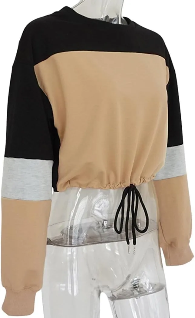 WEEPINLEE Women's Casual Long Sleeve Round Neck 3 Color Stitching Hem Lace Up Crop Sweatshirts