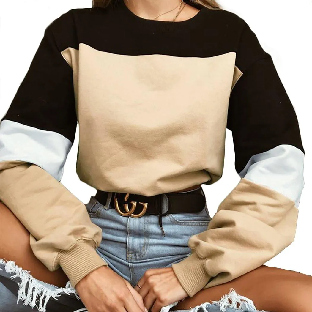 WEEPINLEE Women's Casual Long Sleeve Round Neck 3 Color Stitching Hem Lace Up Crop Sweatshirts