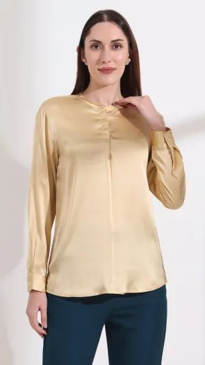 Womens Premium Summer Satin Gold Front Pleated Tunic